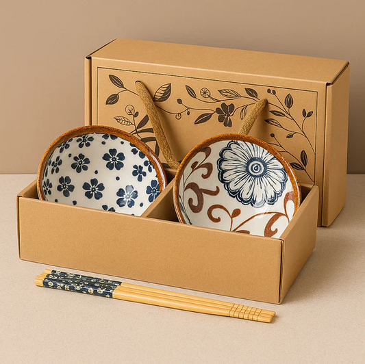 Kyoto Flora Ceramic Bowls Set with Chopsticks