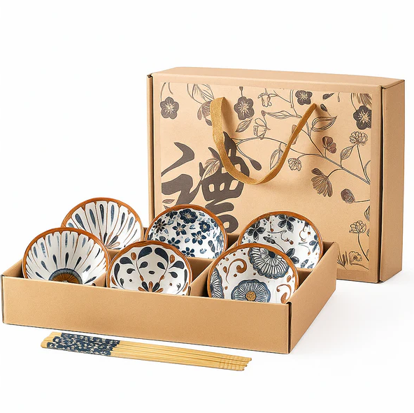 Kyoto Flora Ceramic Bowls Set with Chopsticks