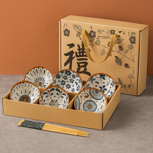 Kyoto Flora Ceramic Bowls Set with Chopsticks