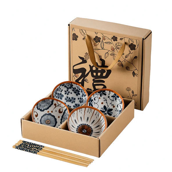 Kyoto Flora Ceramic Bowls Set with Chopsticks