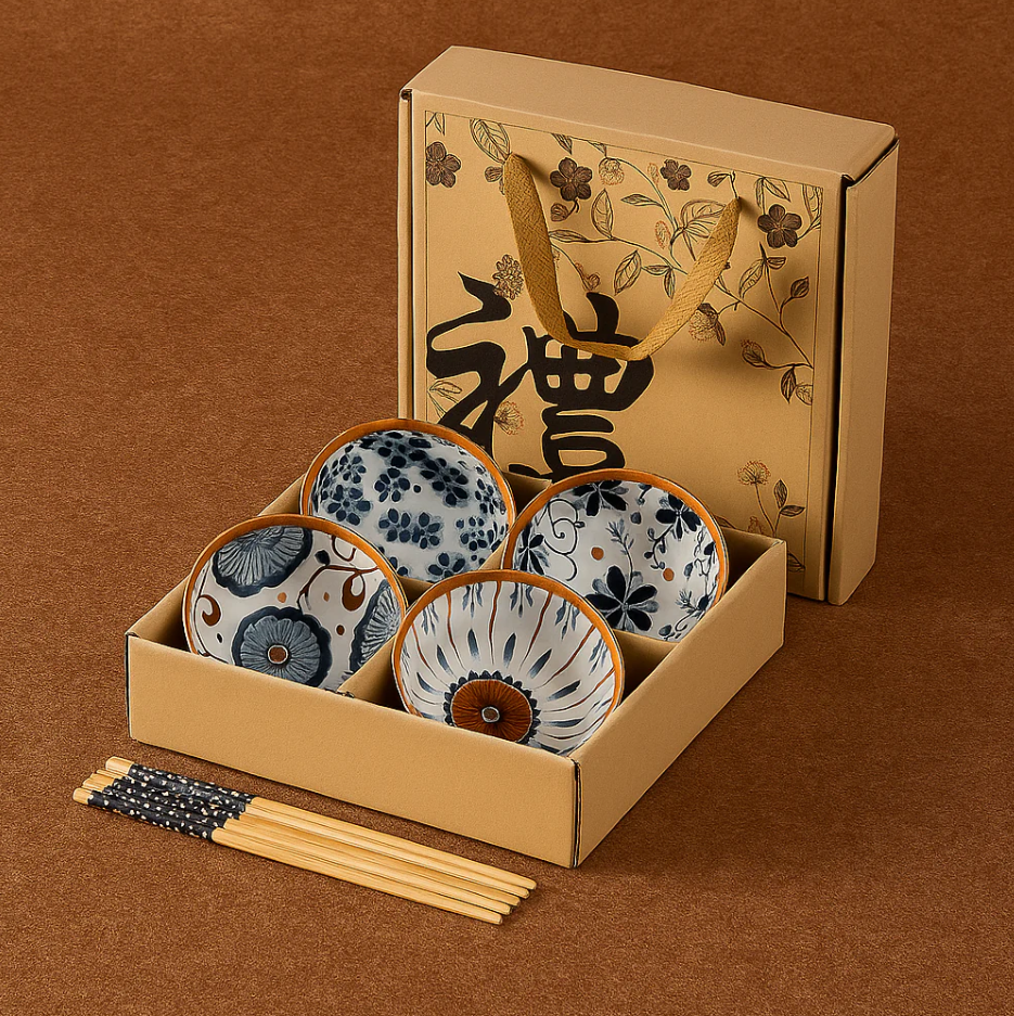 Kyoto Flora Ceramic Bowls Set with Chopsticks