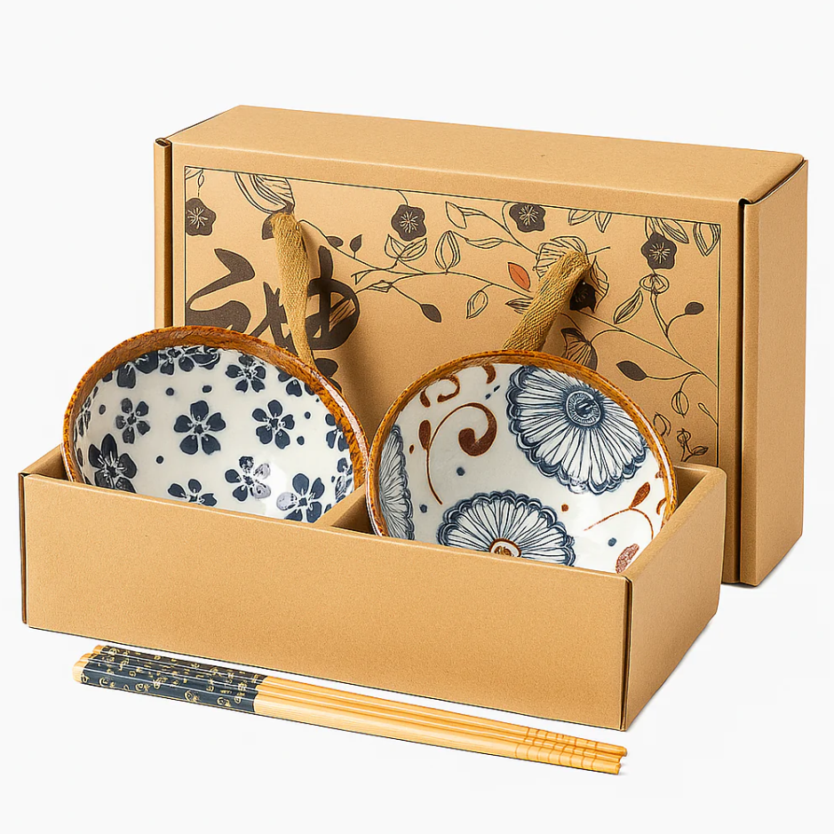 Kyoto Flora Ceramic Bowls Set with Chopsticks