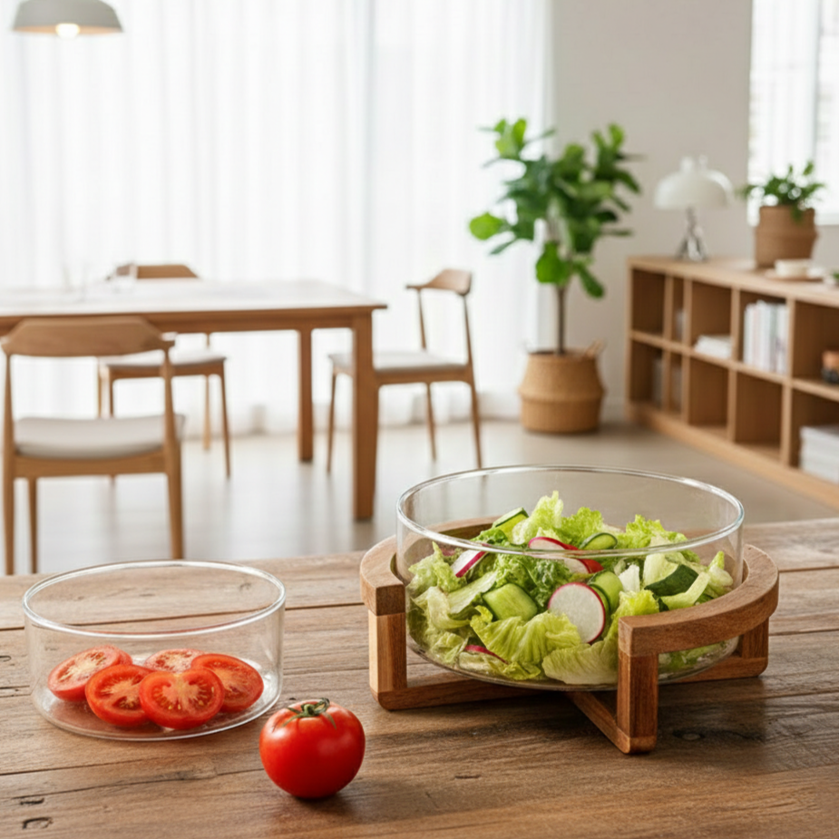 Classy Glass Serving Bowl with Wood Stand (1153)