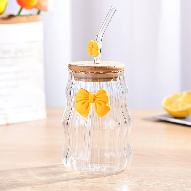 Bow Pattern Glass Tumbler with Wooden Lid & Glass Straw