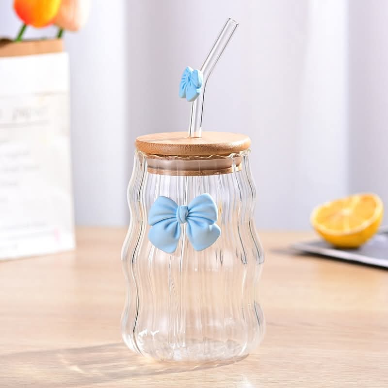 Bow Pattern Glass Tumbler with Wooden Lid & Glass Straw