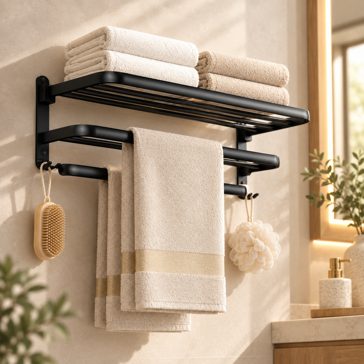 Wall-Mounted Towel Rack with Storage Shelf and Side Hooks by Matrix