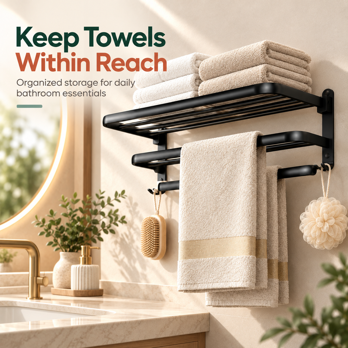 Wall-Mounted Towel Rack with Storage Shelf and Side Hooks by Matrix
