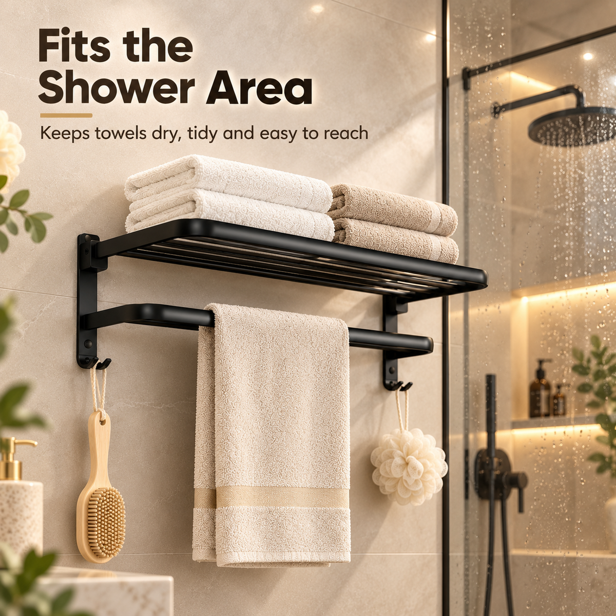 Wall-Mounted Towel Rack with Storage Shelf and Side Hooks by Matrix