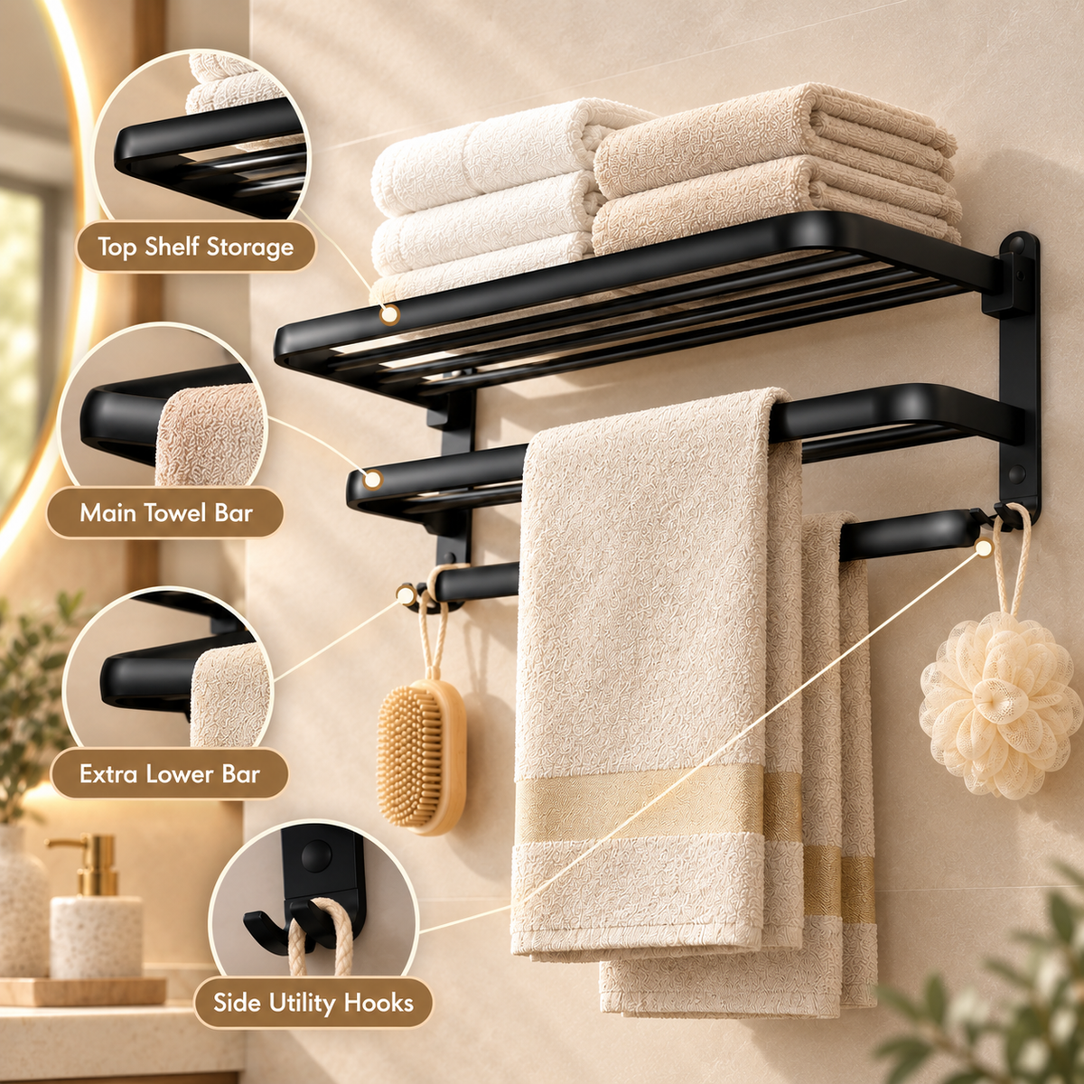Wall-Mounted Towel Rack with Storage Shelf and Side Hooks by Matrix