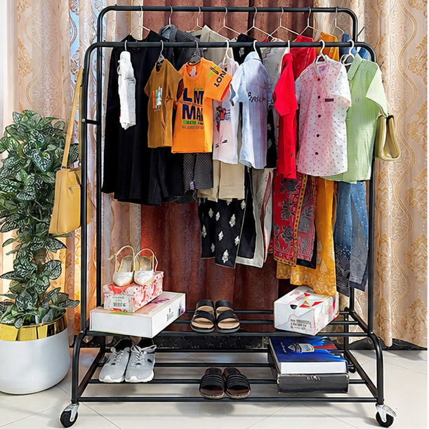 Dual Pole Metal Clothes Stand by Matrix (C) – With Side Hooks & Dual Shoe Tiers