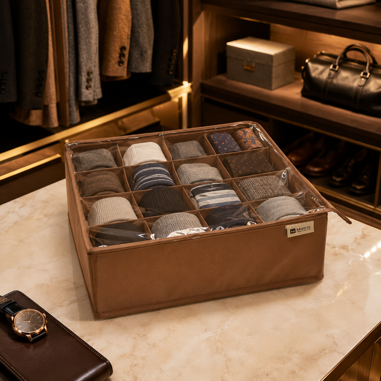 FlexFold 16-Grid Drawer & Wardrobe Organizer with Lid by Matrix
