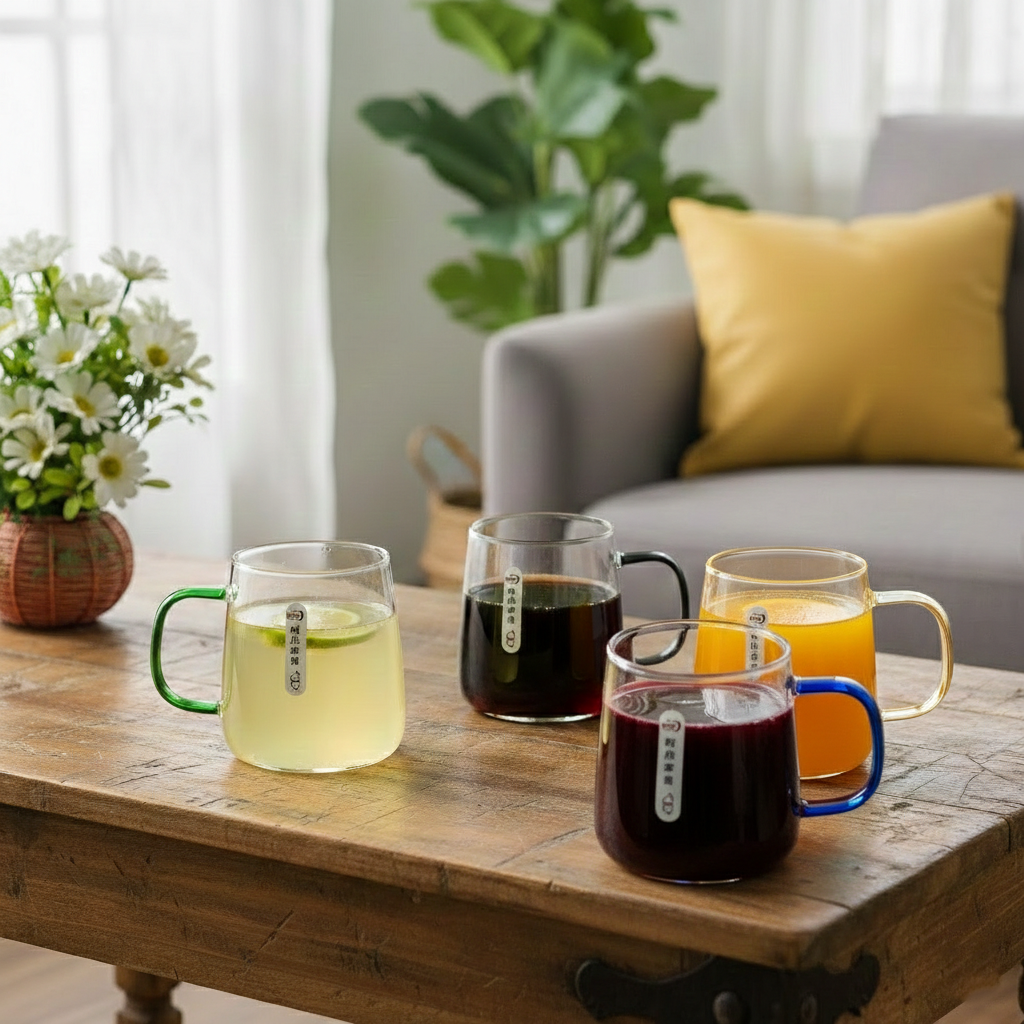 4-Pcs Glass Mugs with Colorful Handles (1149)