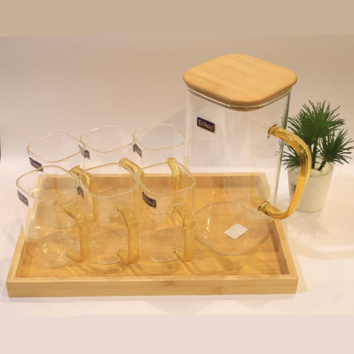 8Pcs Glass Pitcher Set with Wooden Lid & Tray