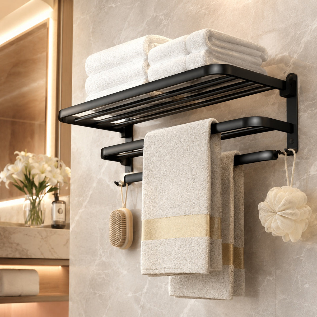 Wall-Mounted Towel Rack with Storage Shelf and Side Hooks by Matrix
