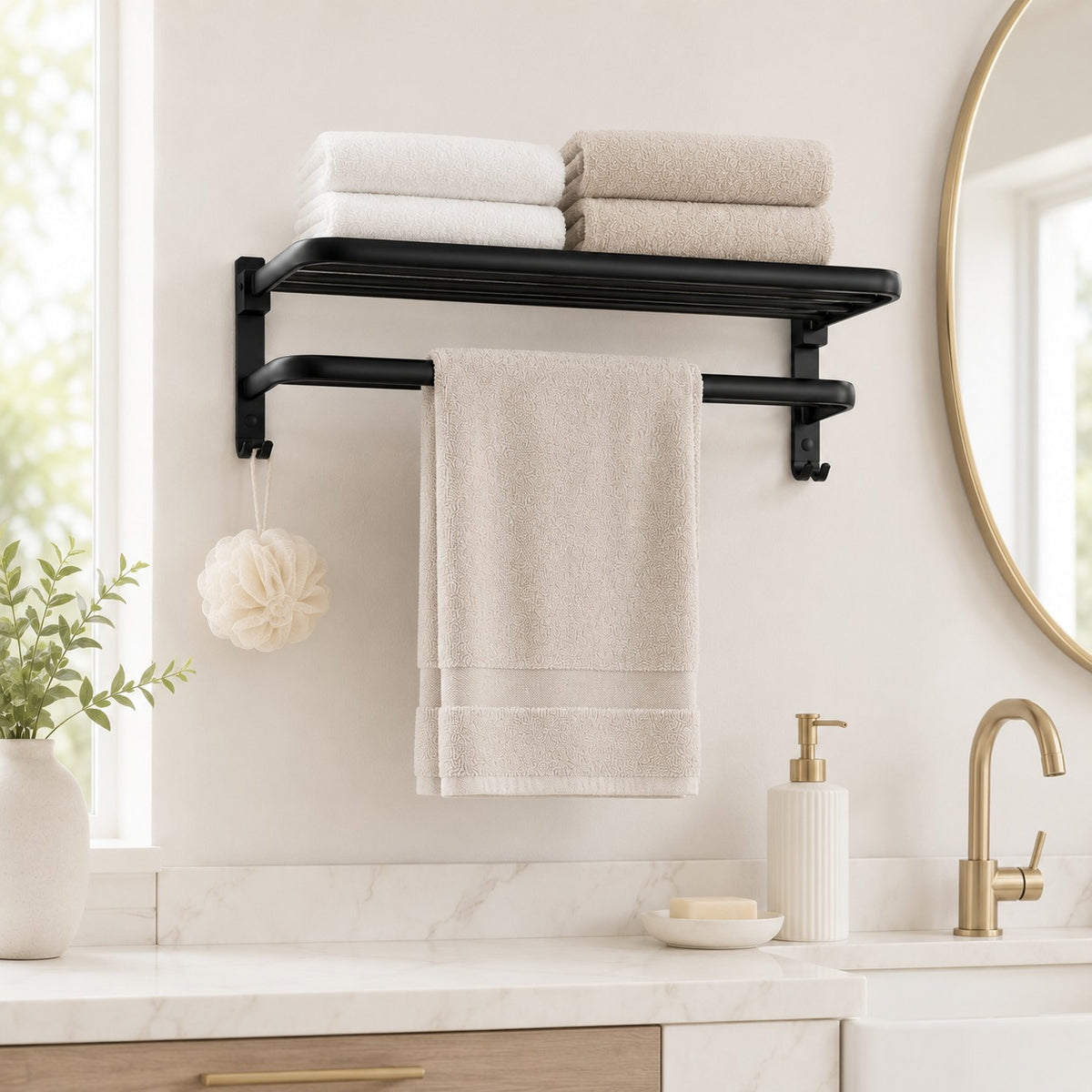 Wall-Mounted Towel Rack with Storage Shelf and Side Hooks by Matrix