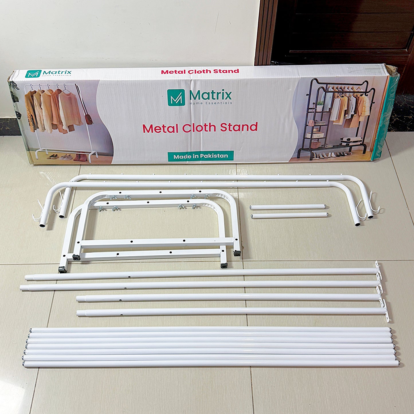 Dual Pole Metal Clothes Stand by Matrix (C) – With Side Hooks & Dual Shoe Tiers