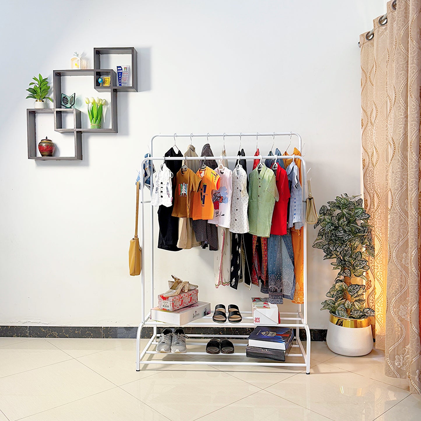 Dual Pole Metal Clothes Stand by Matrix (C) – With Side Hooks & Dual Shoe Tiers