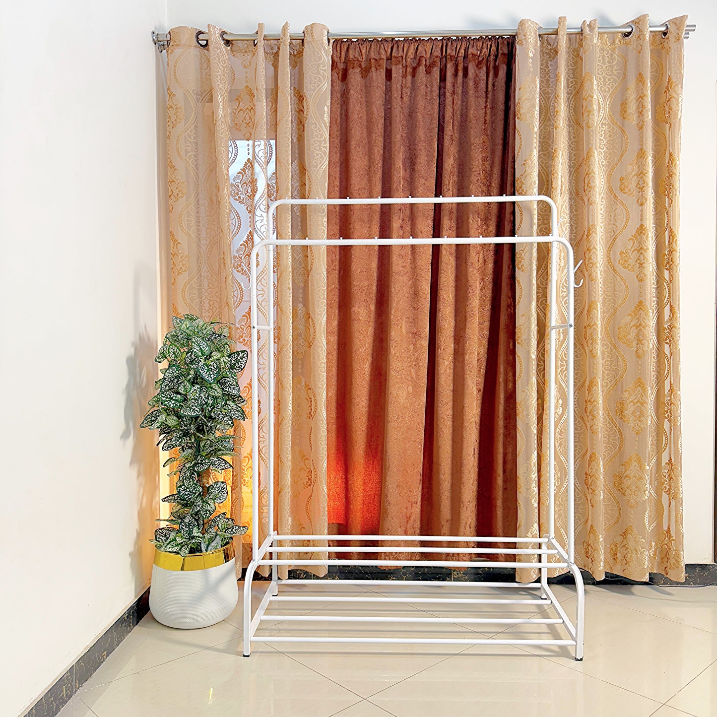 Dual Pole Metal Clothes Stand by Matrix (C) – With Side Hooks & Dual Shoe Tiers