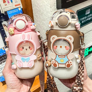 Cute Cartoon Water bottle With Straw - Portable
